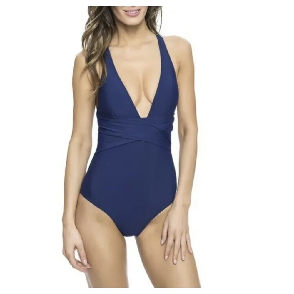 Athena Sz 12 Swimsuit Cabana Solids Cross Strap One Piece Soft Cups Navy Women's